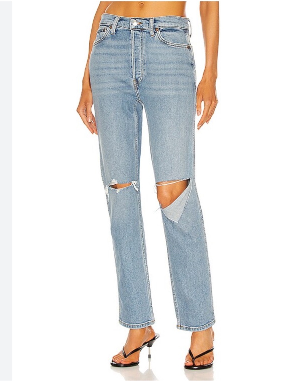 RE/DONE 80s Slim Straight Jeans Light Wash Distressed Knee Mid Rise Size 26 - Picture 3 of 9